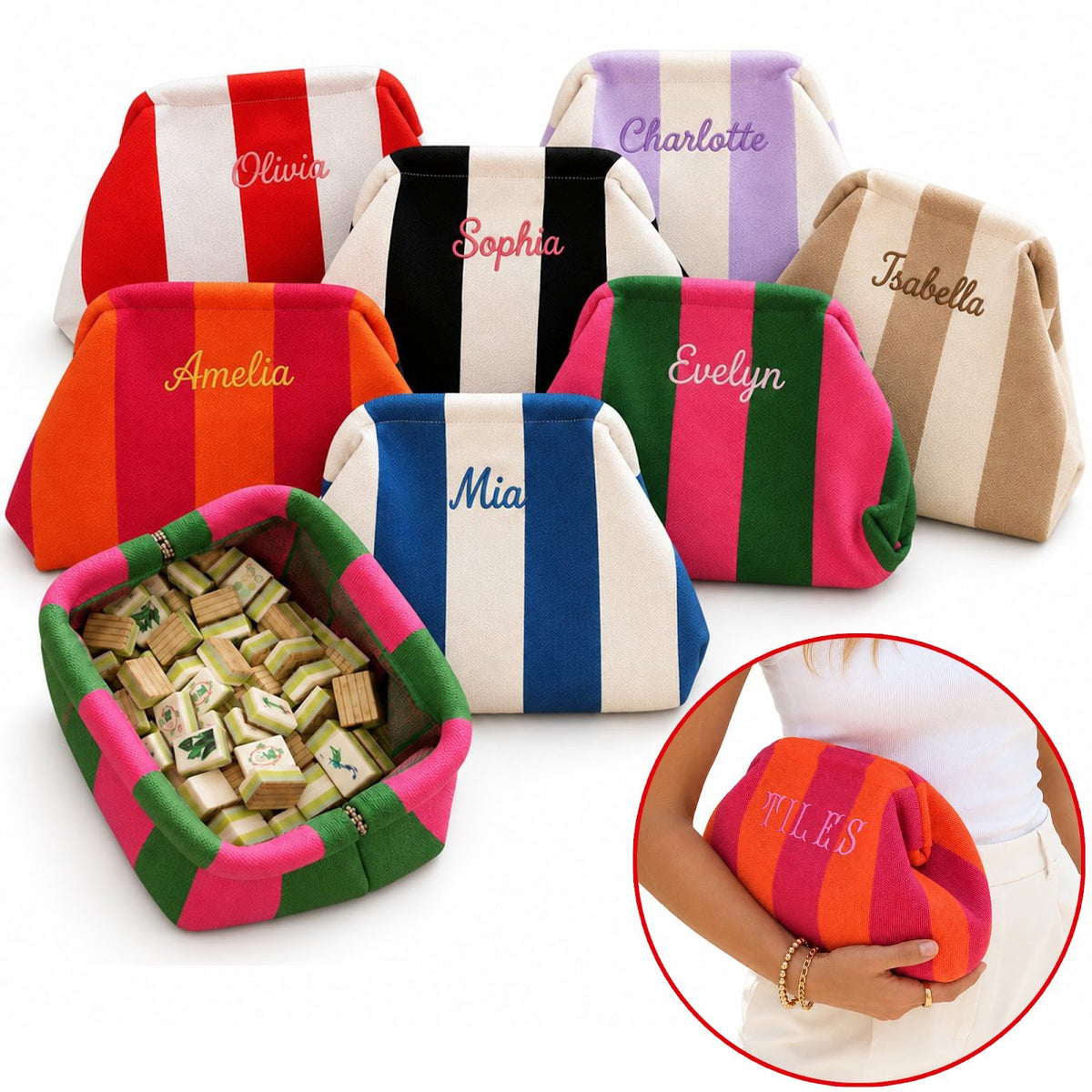 Seven striped mahjong tile bags embroidered with names like "Olivia" and "Mia", plus an open bag of tiles