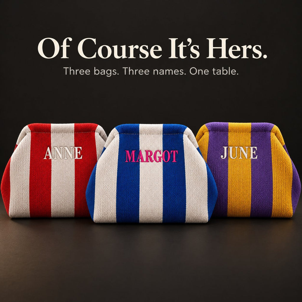 Red, cobalt and purple striped mahjong tile bags in a row, embroidered "Anne", "Margot" and "June"