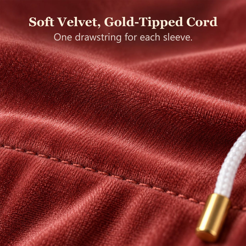 Close-up of brick red velvet on a mahjong rack bag with a stitched seam and a gold-tipped white cord, captioned "Soft Velvet, Gold-Tipped Cord"