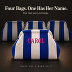 Four cobalt and white mahjong tile bags; only the front one is embroidered "Carol" in hot pink