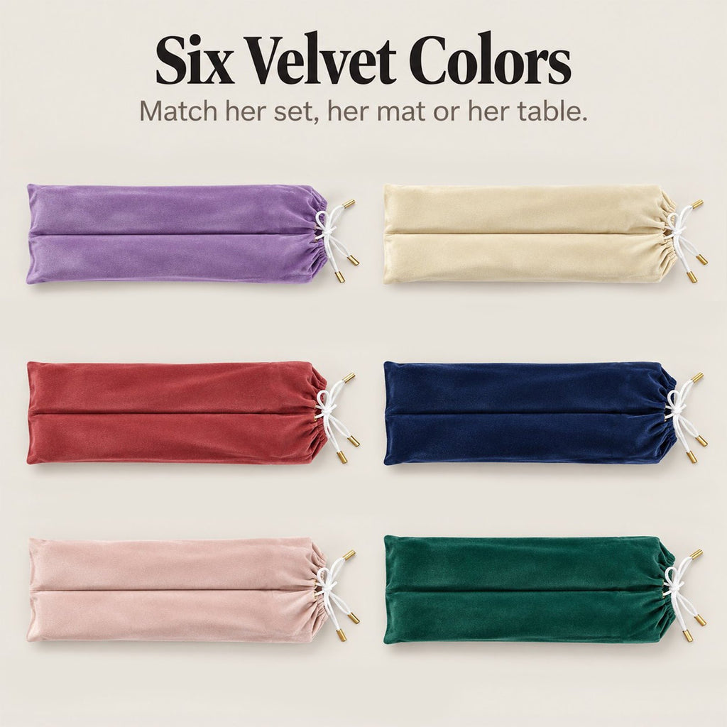 Six velvet mahjong rack bags laid flat in lavender, cream, brick red, navy, blush pink and emerald