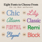 Eight embroidered font samples for the mahjong tile bag: Chic, Alison, Fishtail, Elegant, Lily, Classic, Remi and Block