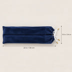 Navy velvet mahjong rack bag laid flat with size markings: 22 inches long and 9.5 inches wide