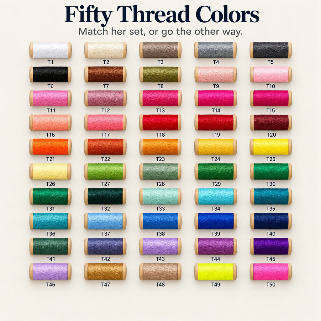 Fifty embroidery thread spools for the mahjong tile bag, labeled T1 to T50 in a rainbow of colors