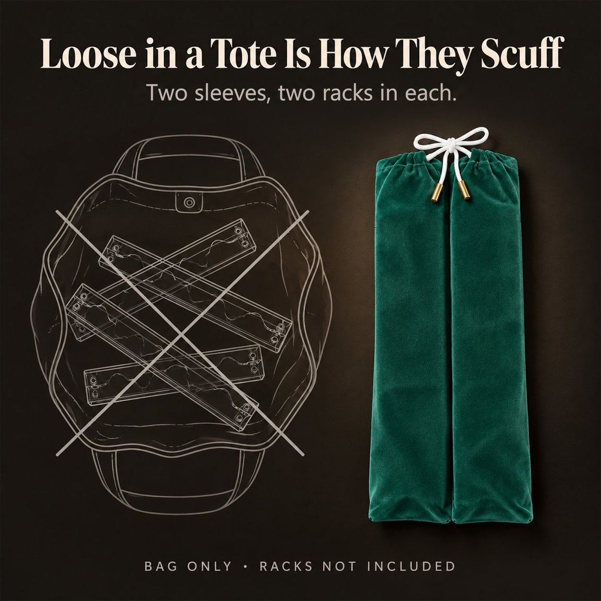 Crossed-out sketch of racks loose in a tote beside an emerald velvet mahjong rack bag, captioned "Two sleeves, two racks in each" and "Bag only, racks not included"