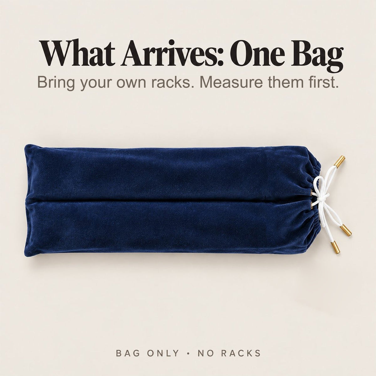 Navy velvet mahjong rack bag laid flat, captioned "What Arrives: One Bag" and "Bag only, no racks"