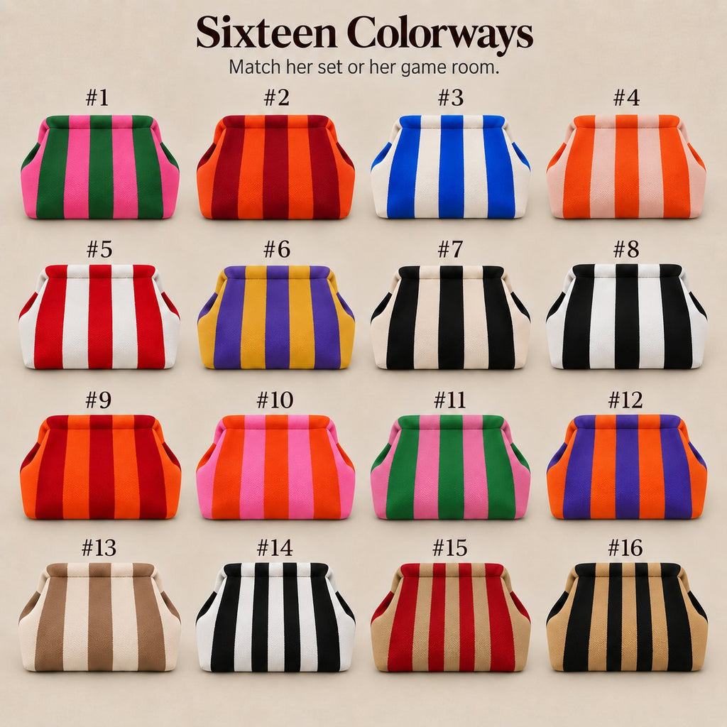 Sixteen striped mahjong tile bag colorways in a numbered grid, from green and pink to black and camel
