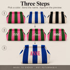 Three-step mahjong tile bag guide showing color choices, the name "Anne" in three fonts, and a finished bag