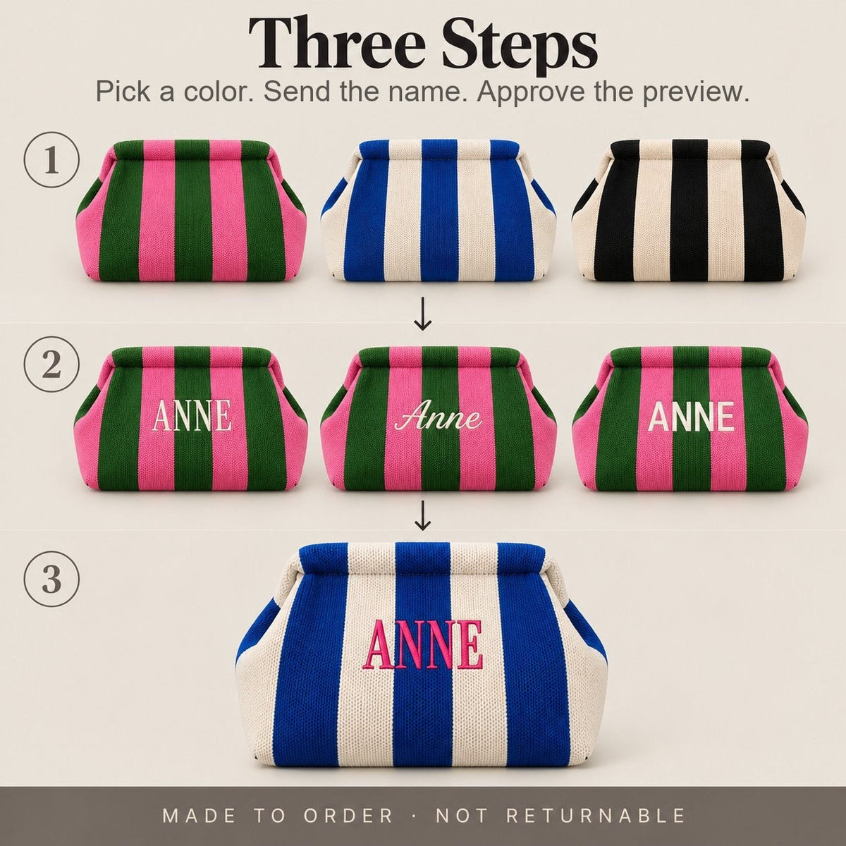 Three-step mahjong tile bag guide showing color choices, the name "Anne" in three fonts, and a finished bag