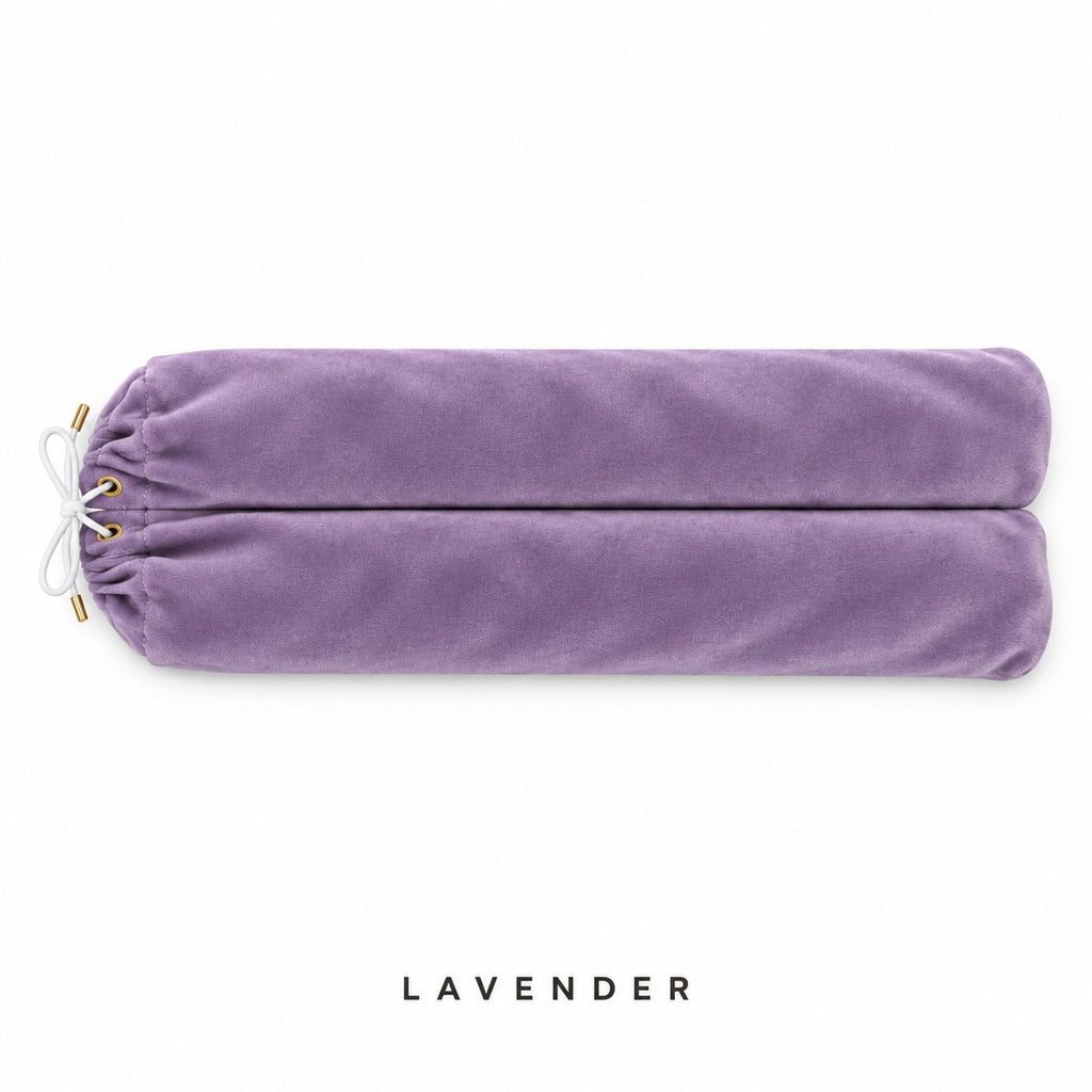Lavender velvet mahjong rack bag laid flat: two sleeves side by side, white drawstring, gold eyelets