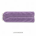 Lavender velvet mahjong rack bag laid flat: two sleeves side by side, white drawstring, gold eyelets