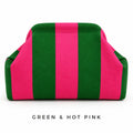 Green & Hot Pink knit mahjong tile bag, a wide-striped clutch shown from the front
