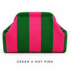 Green & Hot Pink knit mahjong tile bag, a wide-striped clutch shown from the front