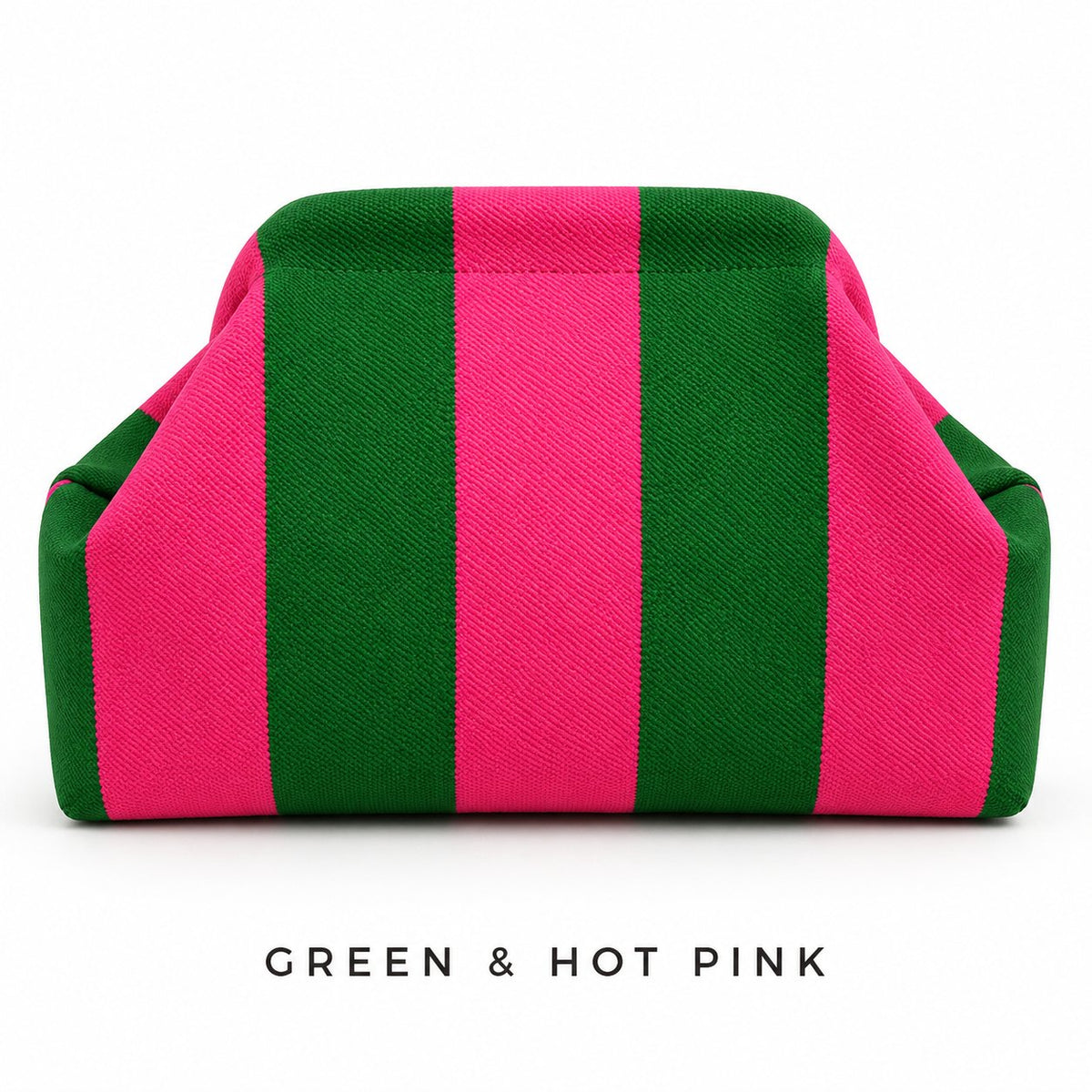 Green & Hot Pink knit mahjong tile bag, a wide-striped clutch shown from the front