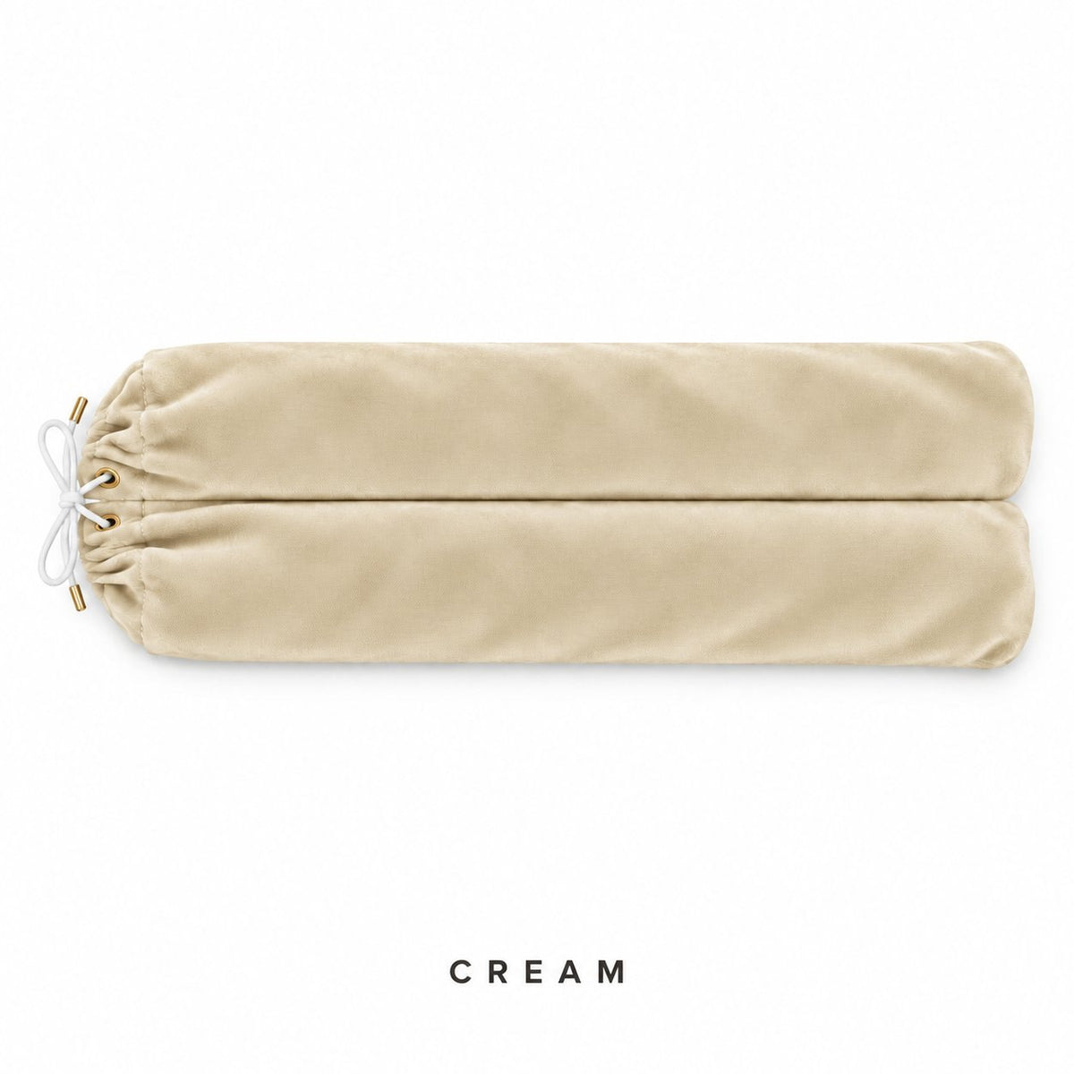 Cream velvet mahjong rack bag laid flat: two sleeves side by side, white drawstring, gold eyelets