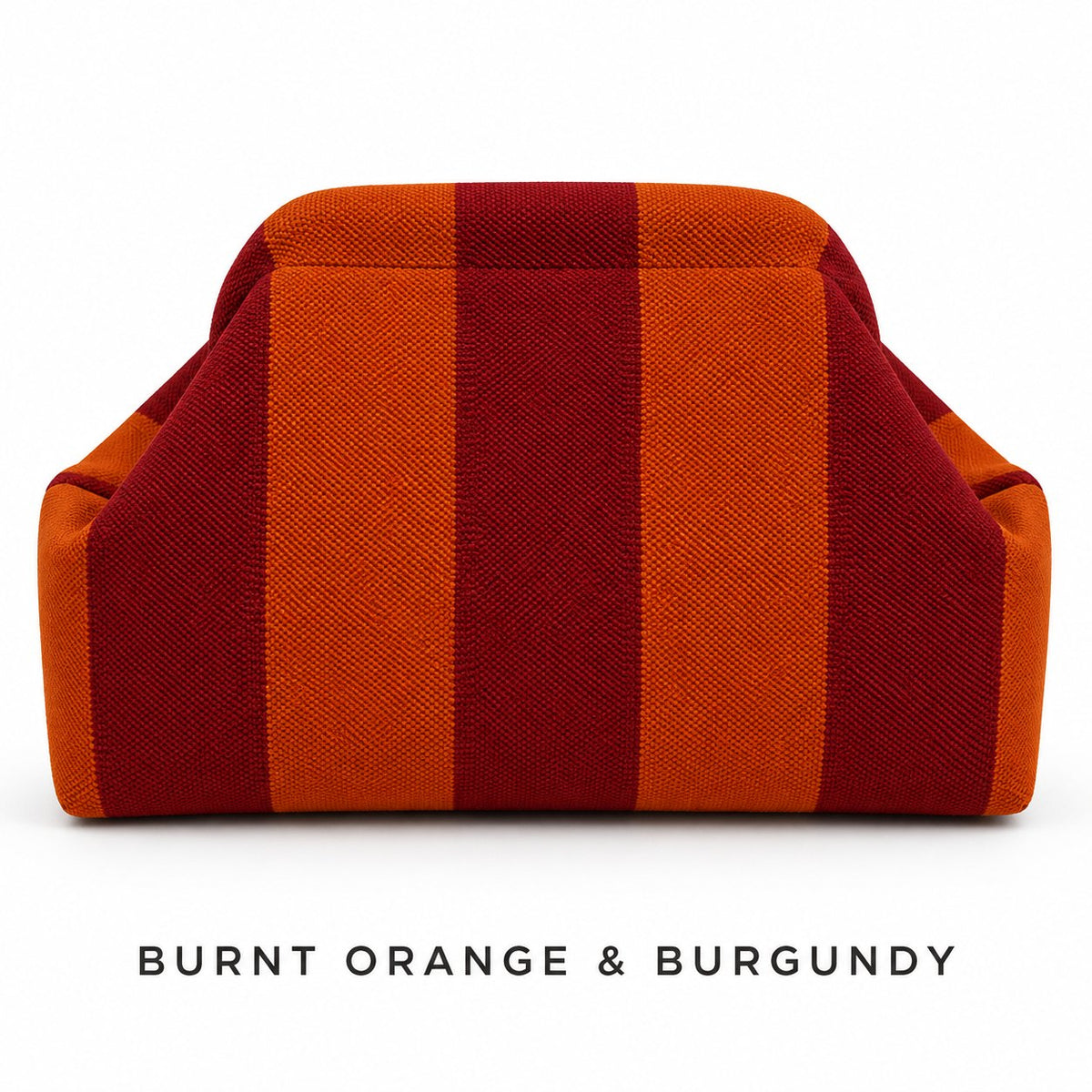 Burnt Orange & Burgundy knit mahjong tile bag, a wide-striped clutch shown from the front