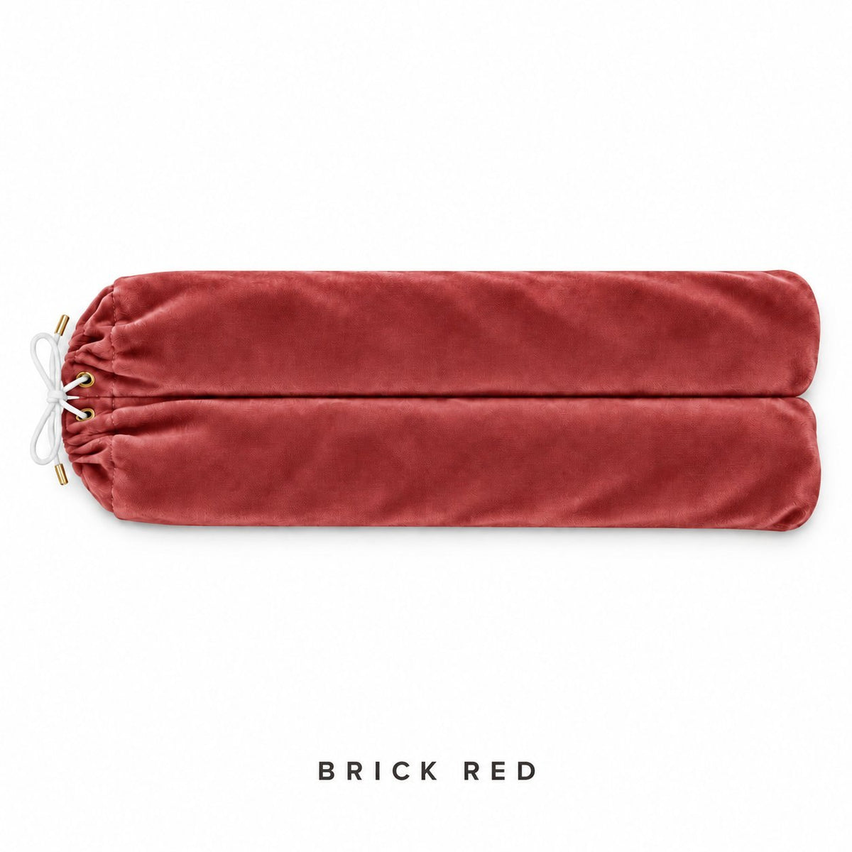 Brick Red velvet mahjong rack bag laid flat: two sleeves side by side, white drawstring, gold eyelets