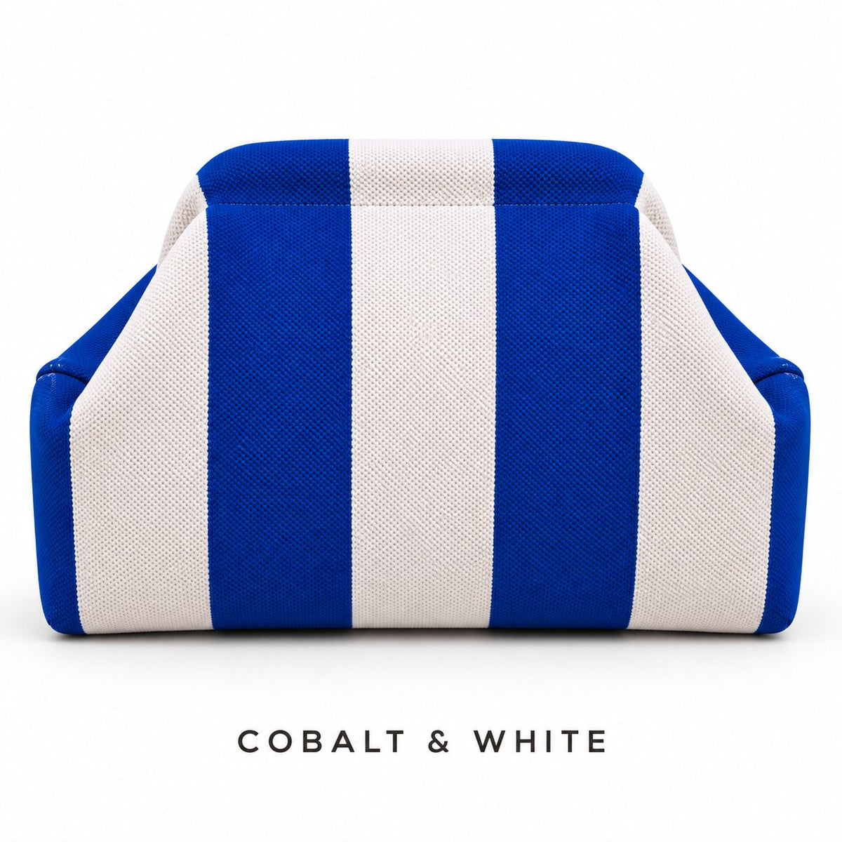 Cobalt & White knit mahjong tile bag, a wide-striped clutch shown from the front