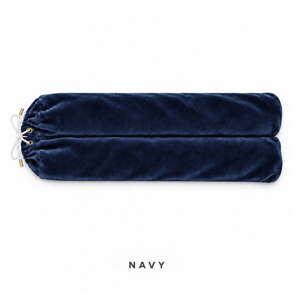 Navy velvet mahjong rack bag laid flat: two sleeves side by side, white drawstring, gold eyelets