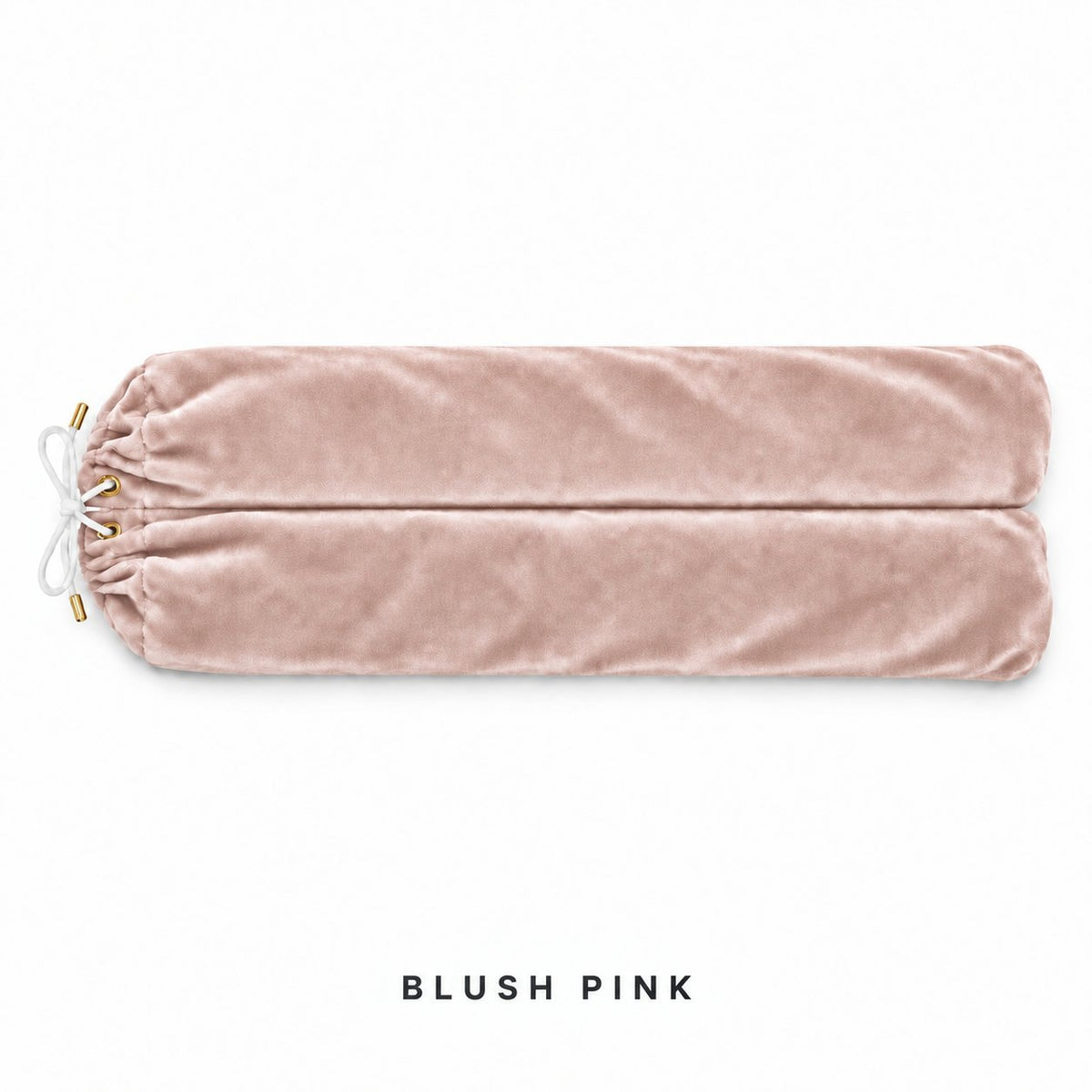 Blush Pink velvet mahjong rack bag laid flat: two sleeves side by side, white drawstring, gold eyelets