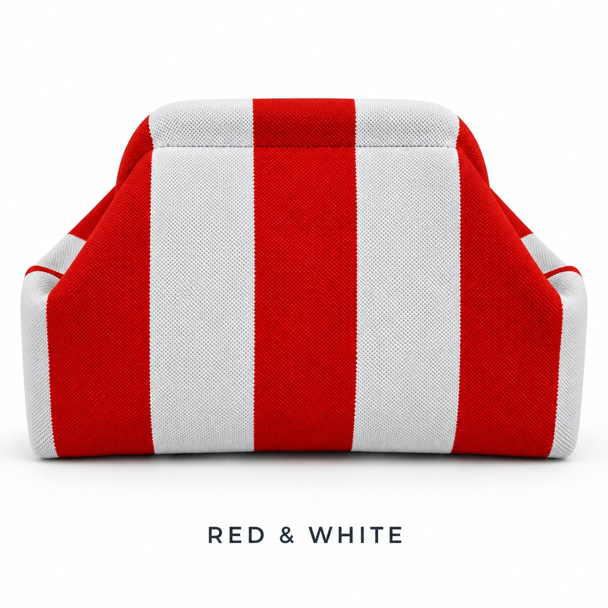 Red & White knit mahjong tile bag, a wide-striped clutch shown from the front