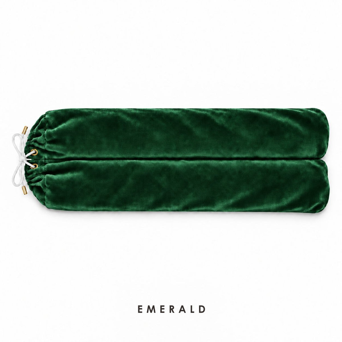 Emerald velvet mahjong rack bag laid flat: two sleeves side by side, white drawstring, gold eyelets