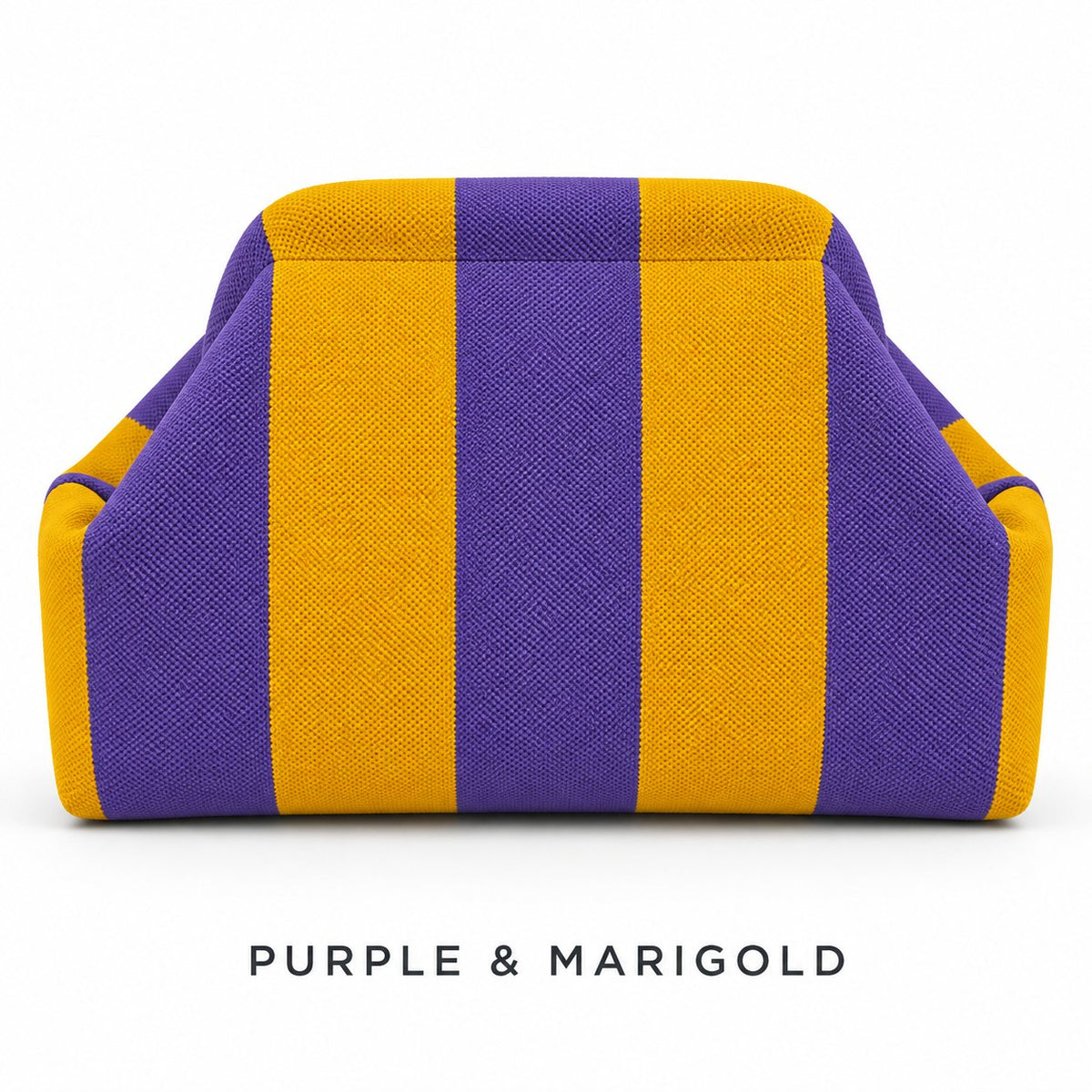 Purple & Marigold knit mahjong tile bag, a wide-striped clutch shown from the front