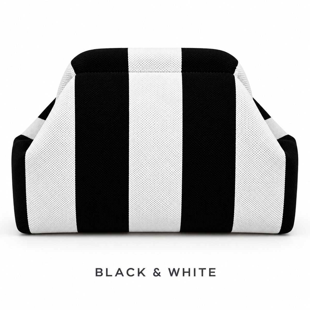Black & White knit mahjong tile bag, a wide-striped clutch shown from the front