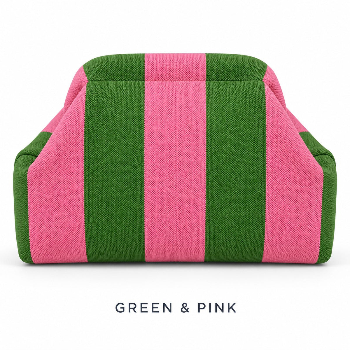 Green & Pink knit mahjong tile bag, a wide-striped clutch shown from the front