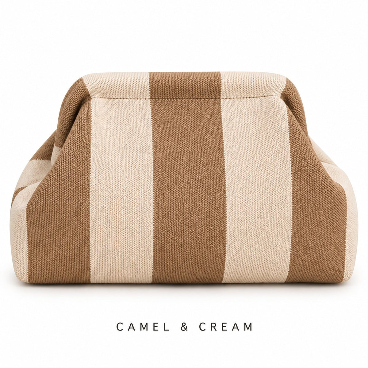 Camel & Cream knit mahjong tile bag, a wide-striped clutch shown from the front