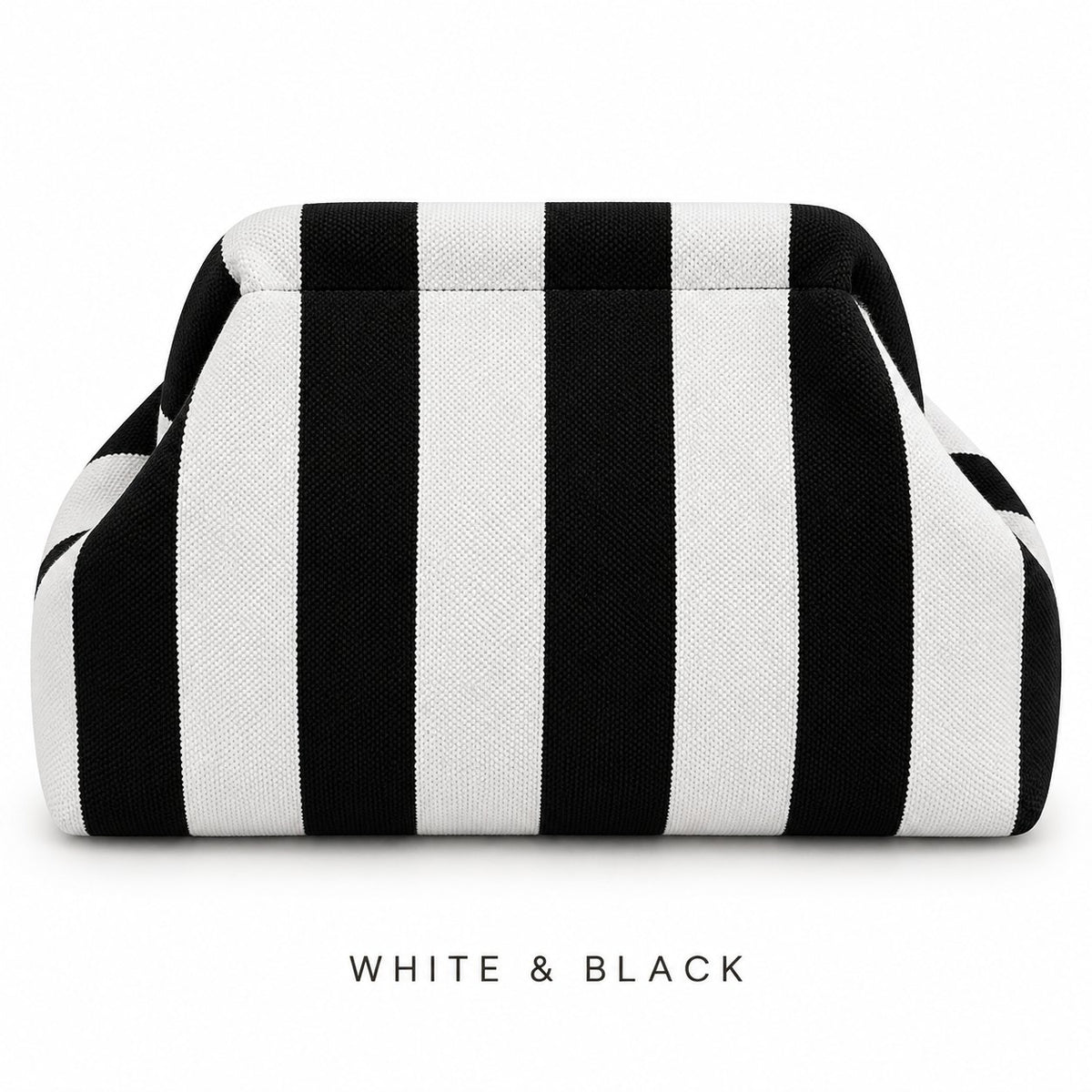 White & Black knit mahjong tile bag, a narrow-striped clutch shown from the front