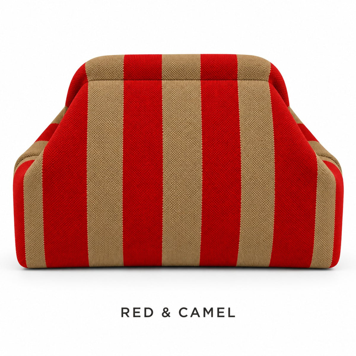 Red & Camel knit mahjong tile bag, a narrow-striped clutch shown from the front