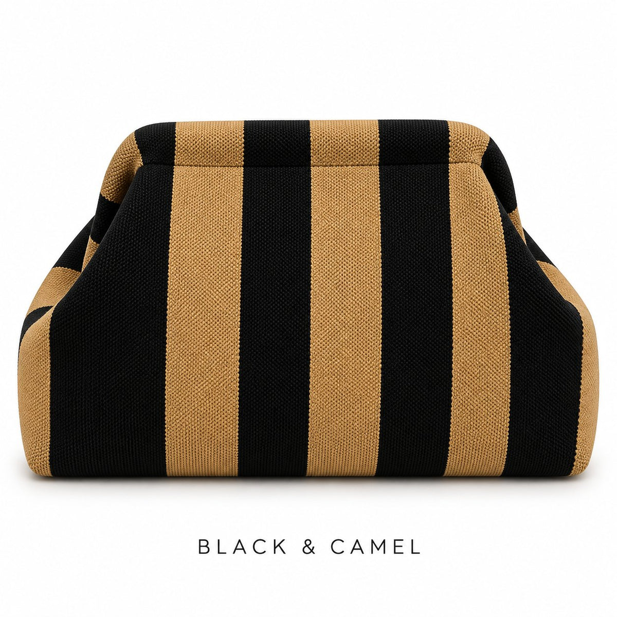Black & Camel knit mahjong tile bag, a narrow-striped clutch shown from the front