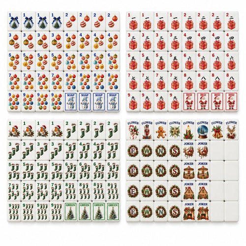 Classic Christmas mahjong set laid out: ornament Dots, gift-box Craks, stocking Bams, flowers, wreath winds, jokers, blanks