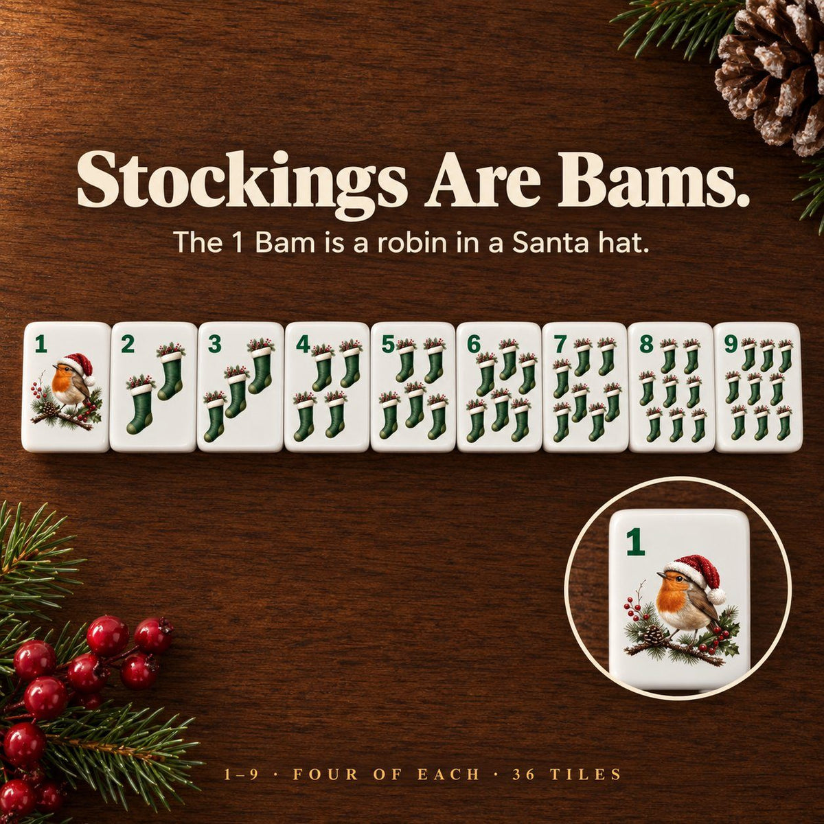Christmas stocking Bams 1 to 9 with green corner numbers; the 1 Bam is a robin in a Santa hat