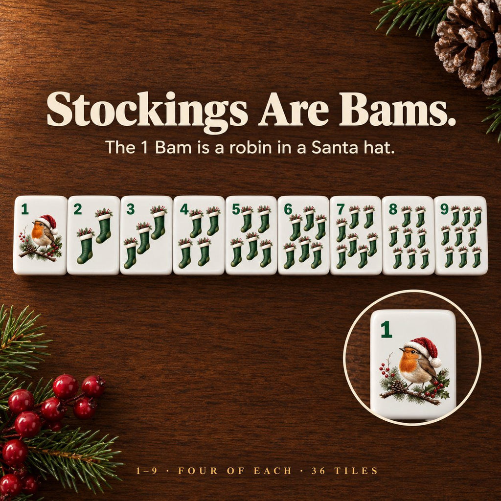 Christmas stocking Bams 1 to 9 with green corner numbers; the 1 Bam is a robin in a Santa hat