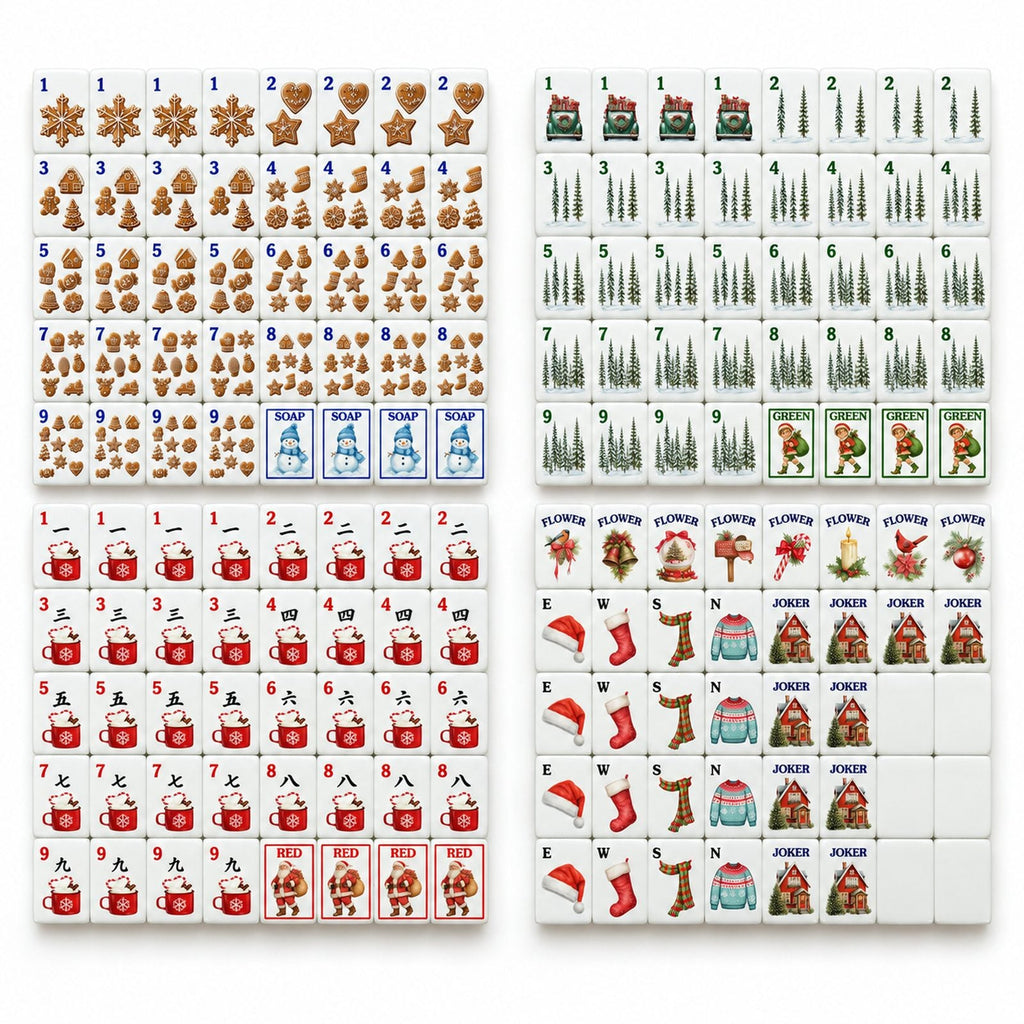 Full 160-tile Cozy Christmas mahjong set: gingerbread Dots, pine Bams, cocoa Craks, winds, flowers, 10 jokers, 6 blanks