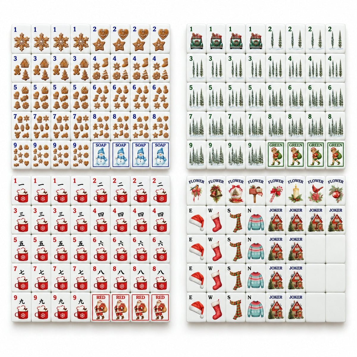 Full 160-tile Cozy Christmas mahjong set: gingerbread Dots, pine Bams, cocoa Craks, winds, flowers, 10 jokers, 6 blanks