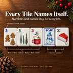 Christmas mahjong tiles with corner numbers: blue 3 Dot, green 3 Bam, red 3 Crak, snowman SOAP, Santa hat East wind