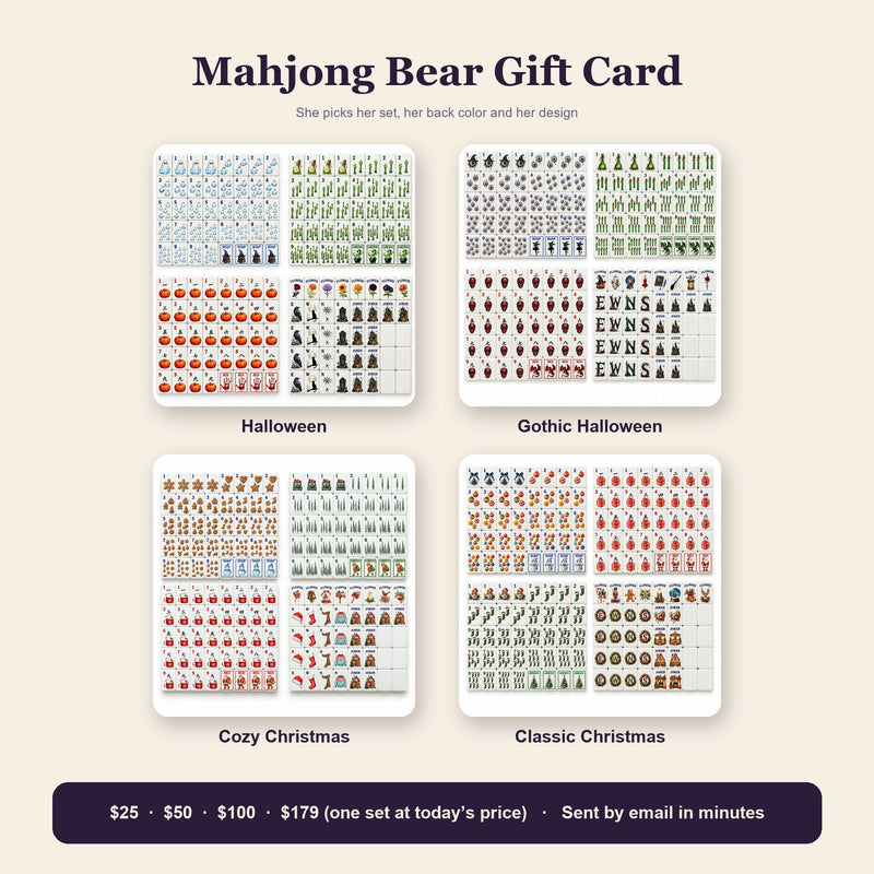 Mahjong Bear Gift Card with four American mahjong set designs: Halloween, Gothic Halloween, Cozy and Classic Christmas