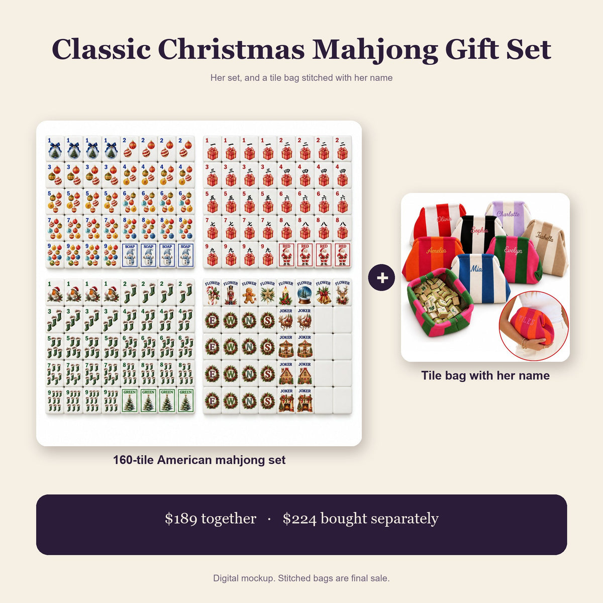 Classic Christmas gift set pairing a 160-tile American mahjong set of ornament tiles with name-stitched tile bags