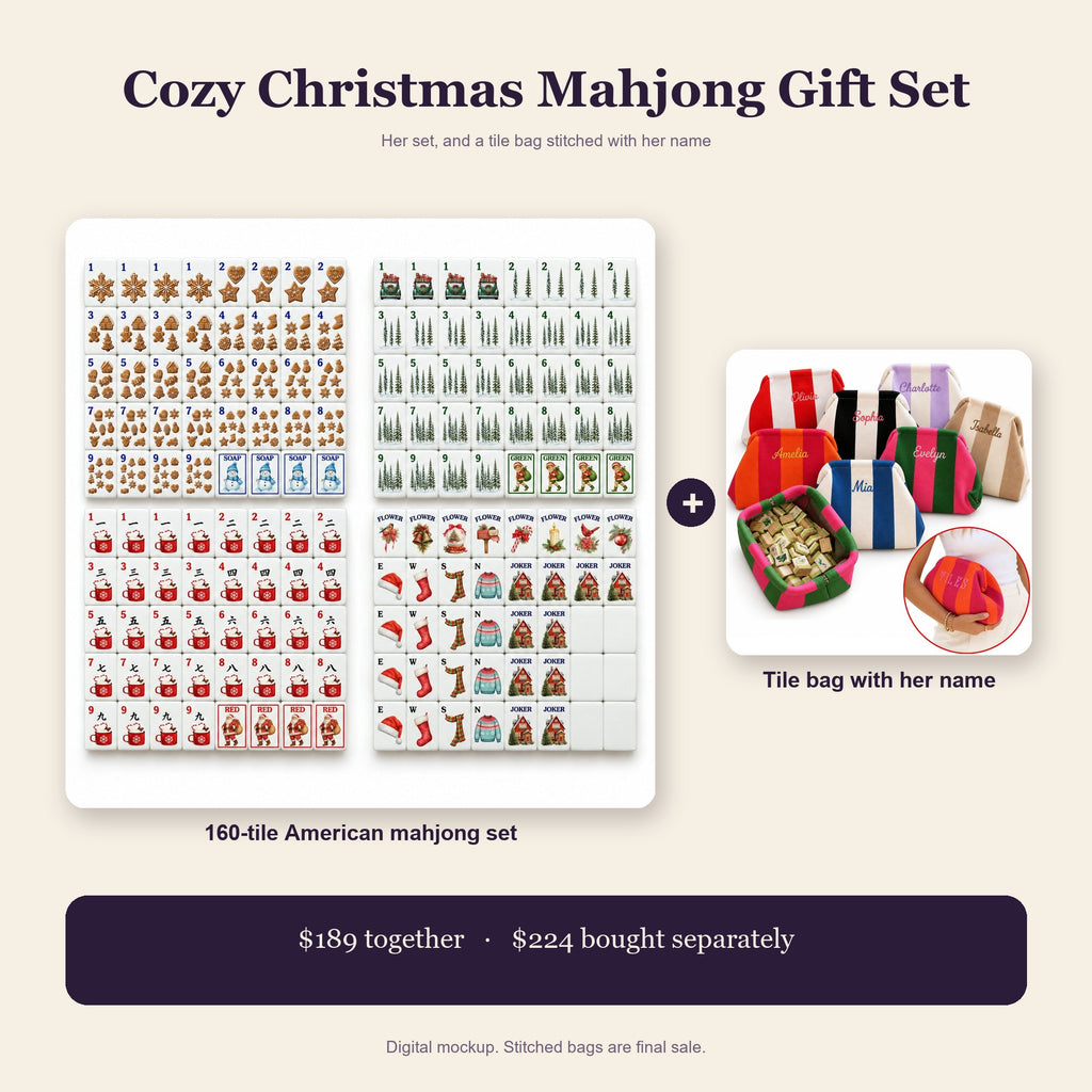 Cozy Christmas gift set pairing a 160-tile American mahjong set of gingerbread tiles with name-stitched tile bags