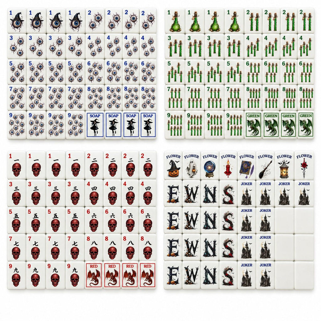 Gothic Halloween mahjong set laid flat: eyeball Dots, potion Bams, skull Craks, dragons, winds, flowers, jokers, blanks