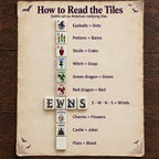 Tile guide: eyeballs Dots, potions Bams, skulls Craks, witch Soap, dragons, E W N S winds, flowers, castle joker, blank