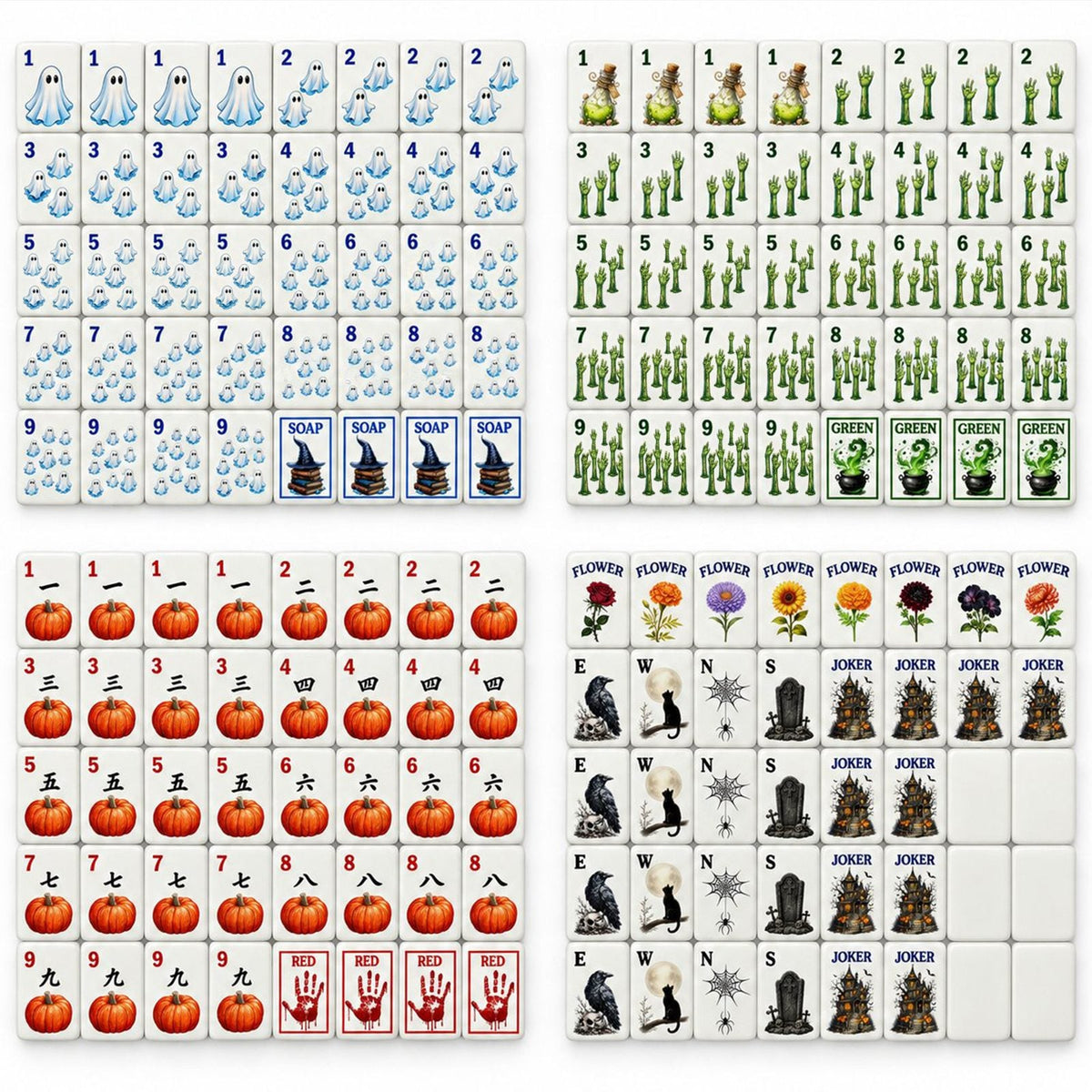 Full 160-tile Halloween mahjong layout: ghost Dots, zombie-hand Bams, pumpkin Craks, winds, flowers, 10 jokers, 6 blanks