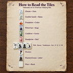 Tile key chart: ghosts are Dots, zombie hands Bams, pumpkins Craks, plus dragon, wind, flower, joker and blank tiles