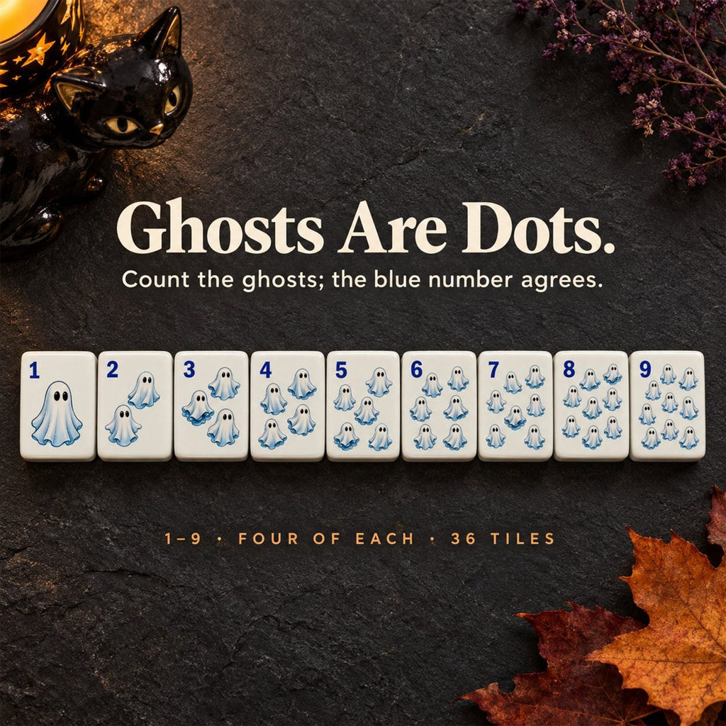 Ghost Dots tiles 1 to 9 in a row on dark slate, each with a blue corner number