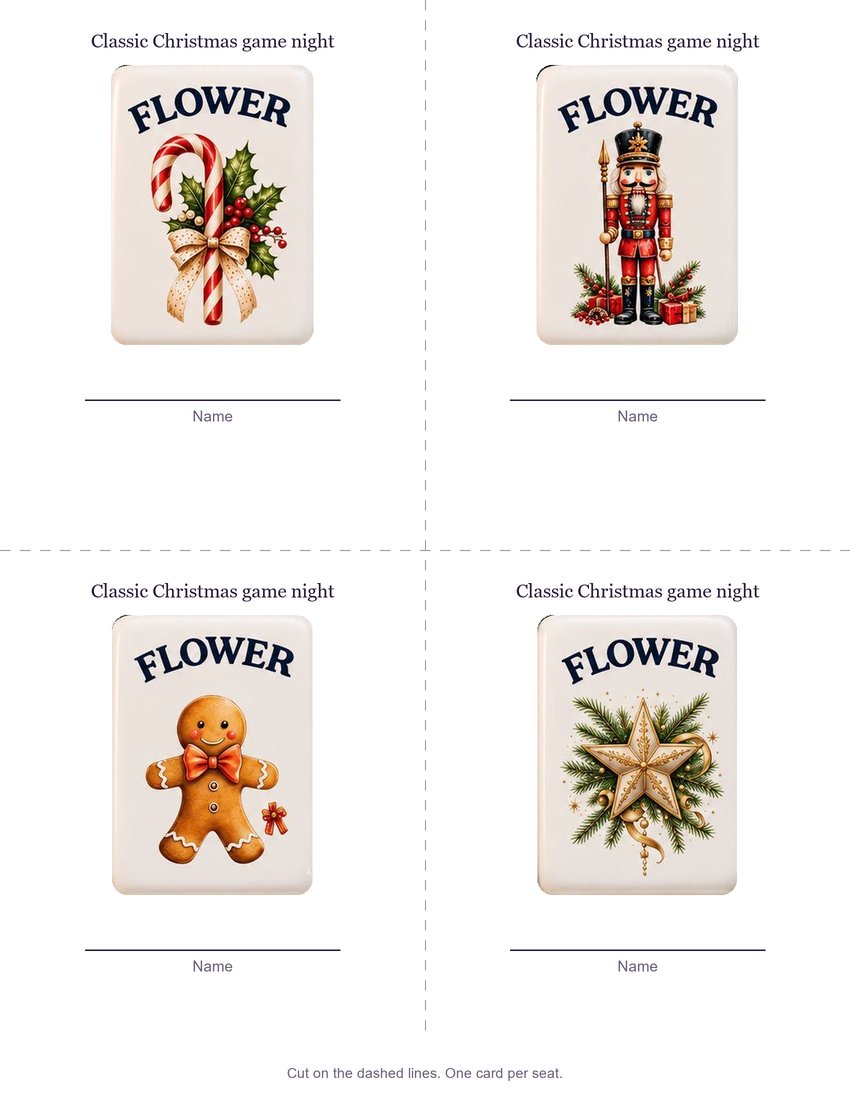 Four Classic Christmas place cards, each with a flower tile and a line for a name