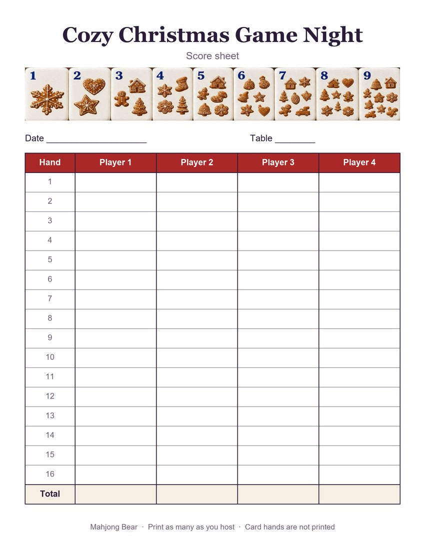 Cozy Christmas score sheet with gingerbread Dot tiles across the top and rows for 4 players and 16 hands