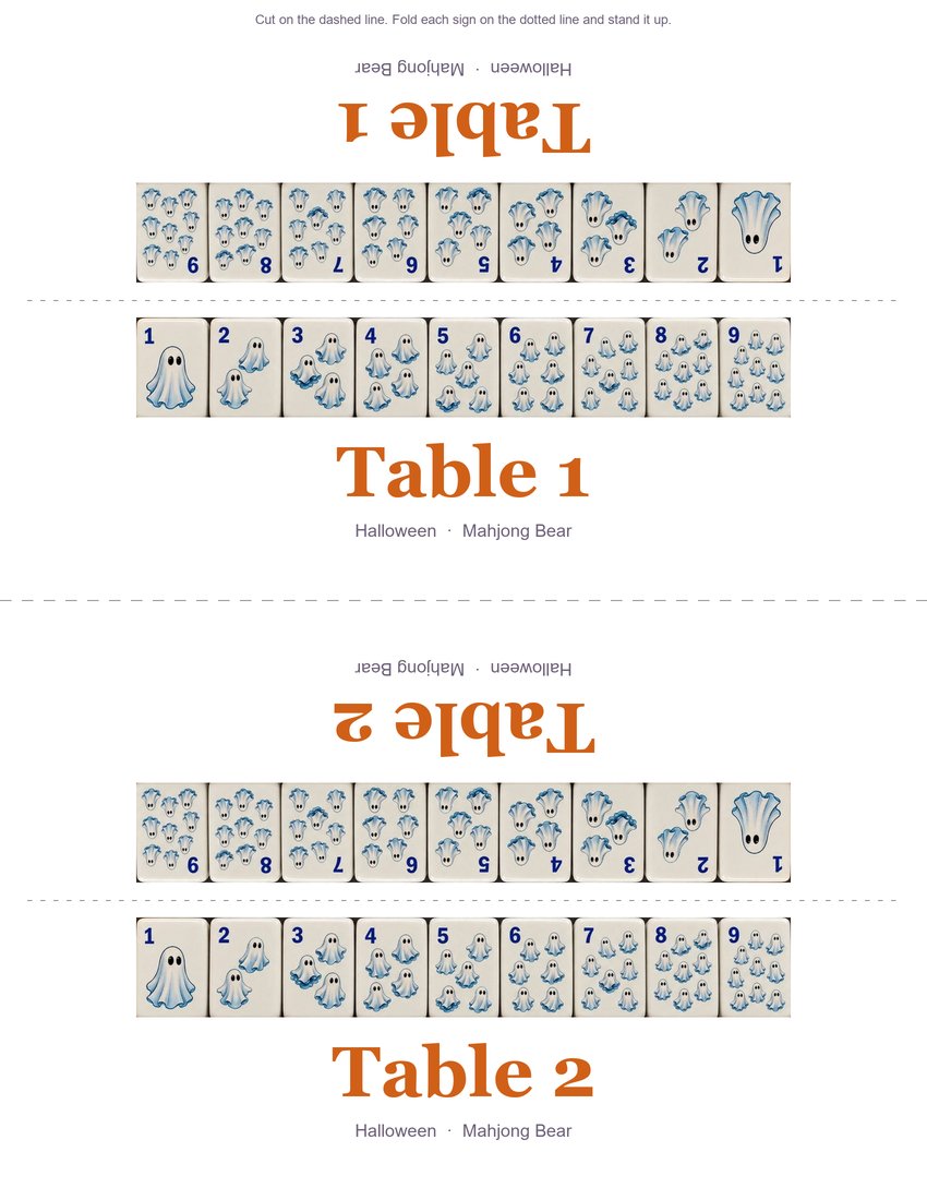 Two Halloween table signs, Table 1 and Table 2, that fold into tents, topped with ghost Dot tiles